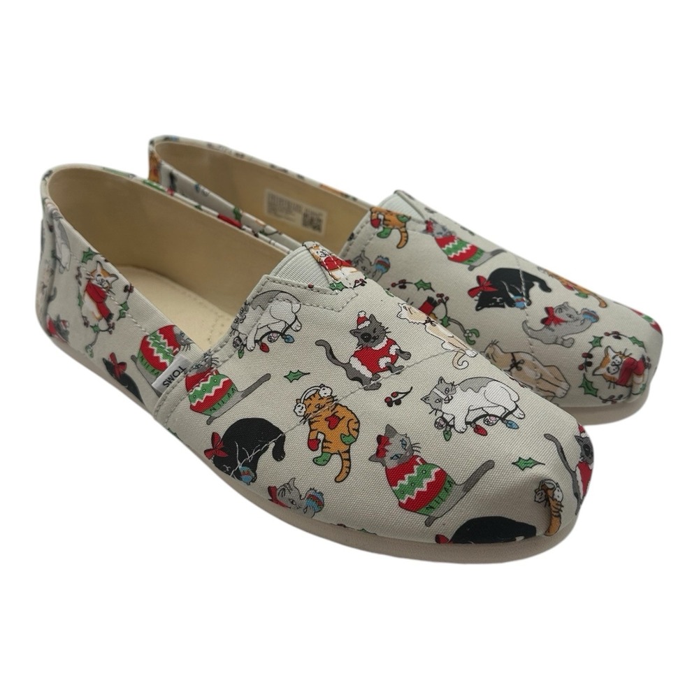 Toms Belmont Christmas Cats Shoes Womens 7.5 Gray Holiday‎ Slip On Shoes
